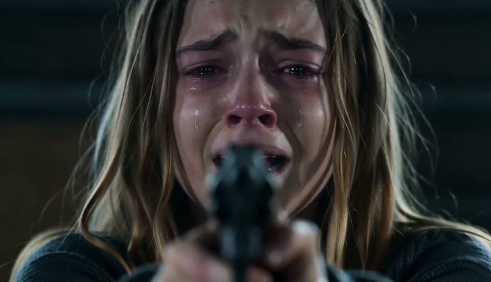 A survivor in the cabin scene of an external zombie reference