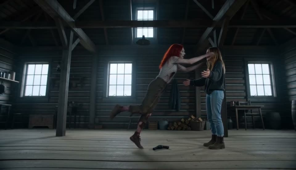 A zombie approaches a survivor in an external cabin reference